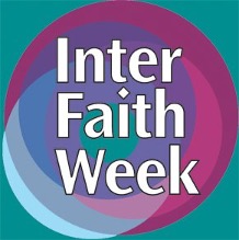 Inter Faith Week logo box with white text placed over a multi-coloured circle.