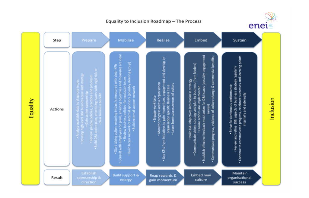 Diagram illustrates the steps, actions, and results of the equality to inclusion process for organisations.