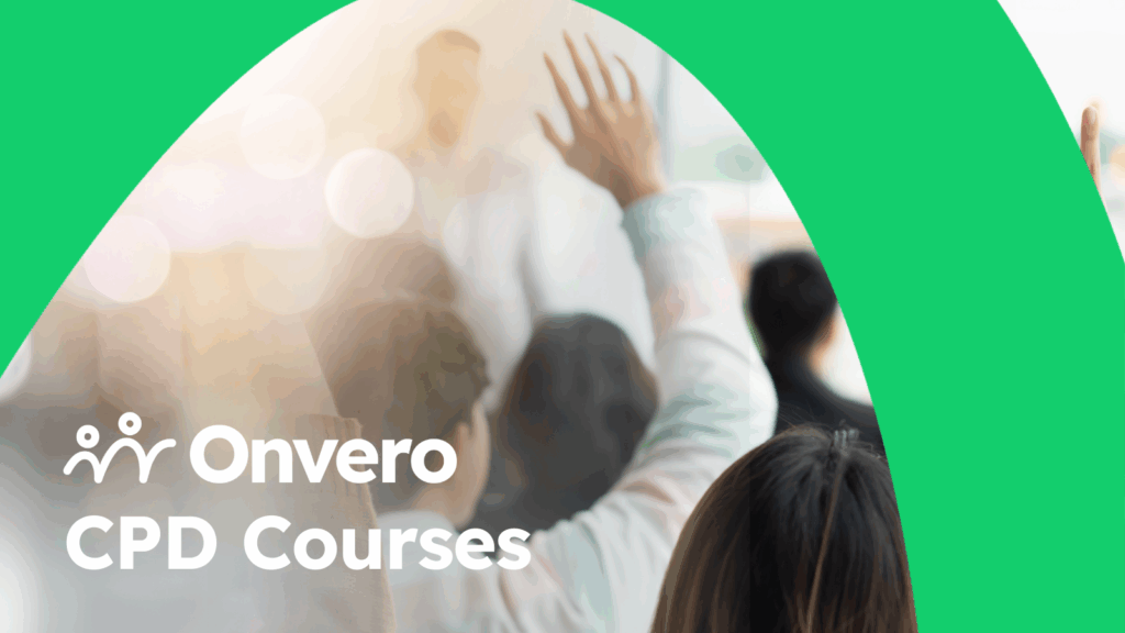 A classroom scene with a raised hand and text that reads "Onvero CPD Courses."